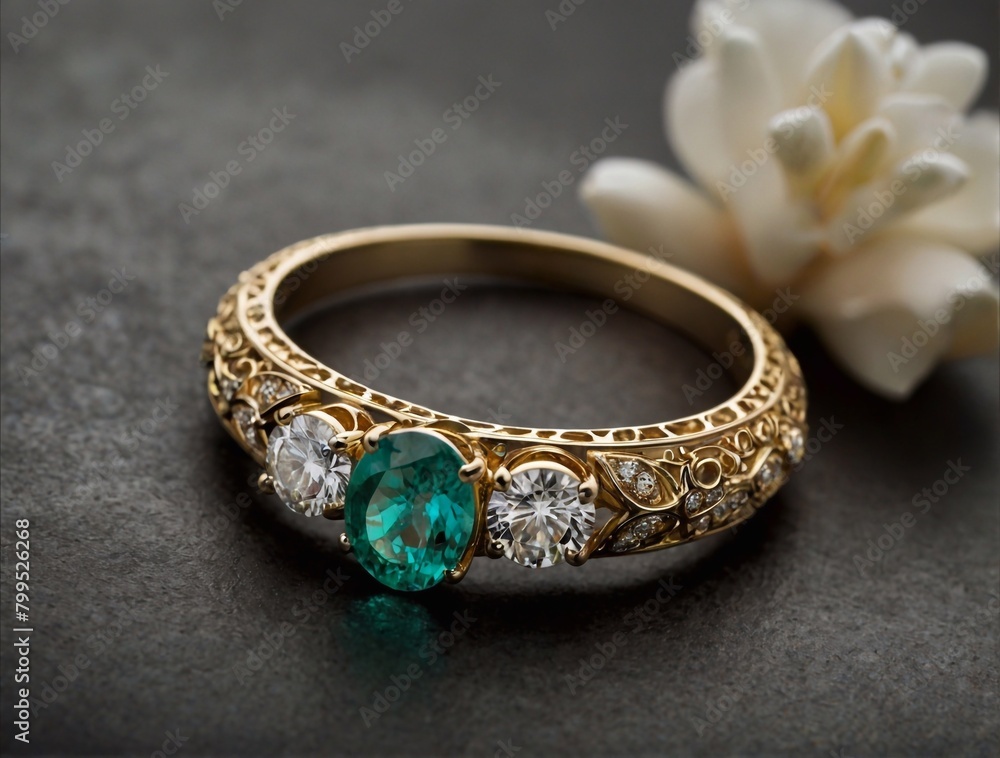 Jewelry ring with green emerald and flower on black background Jewelry ring with green emerald and flower on black background