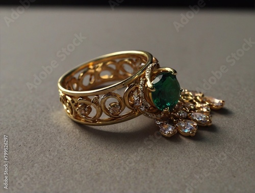 Jewelry ring with green emerald on a dark background.