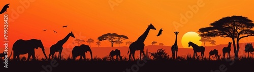 Safari Silhouette, Silhouettes of various safari animals such as zebras, giraffes, and elephants against the African savannah