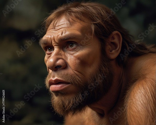Portrait of a prehistoric ancient Neanderthal man from the Stone Age. The ancestor of modern man. The Kramagnon man. Human evolution.