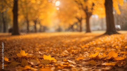 A path in a park is covered in autumn leaves