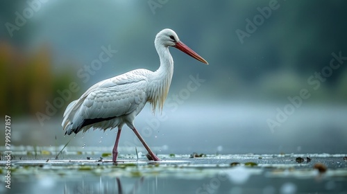 A stork delicately wading through a tranquil pond, its long legs submerged in the shallow water as it hunts for fish. © pengedarseni
