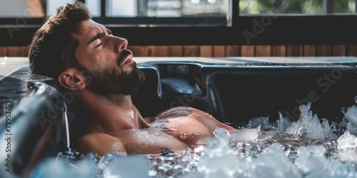 An athletic man takes an ice bath cooling at hot weather photo