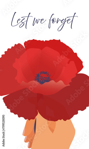 Veterans day card. Red poppy in hand on white background with phrase 