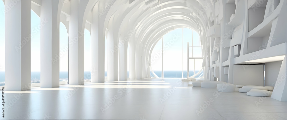 Obraz premium An expansive, modern, white interior space with arches and pillars, evoking a sense of futuristic design and minimalist architecture