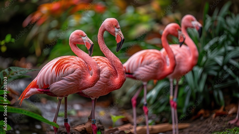A group of flamingos engaged in a synchronized courtship dance A group of flamingos engaged in a synchronized courtship dance