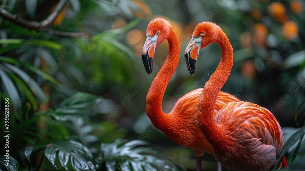 Fototapeta premium A pair of flamingos engaged in a tender bonding ritual