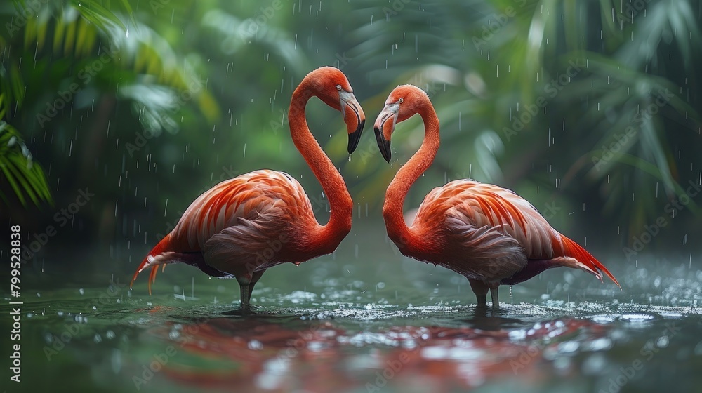 Fototapeta premium A pair of flamingos engaged in a tender bonding ritual