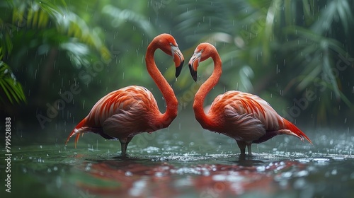 A pair of flamingos engaged in a tender bonding ritual