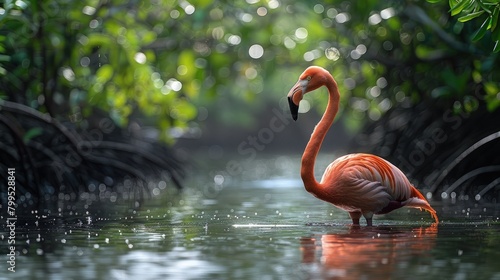 A solitary flamingo perched elegantly on one leg at the edge of a lush tropical mangrove forest photo