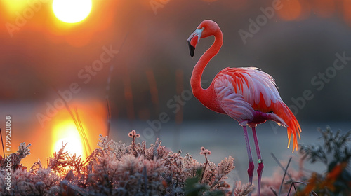A flamingo basking in the warm glow of sunrise, its delicate silhouette framed by the golden hues of the morning sky as it starts its day with a graceful stretch.