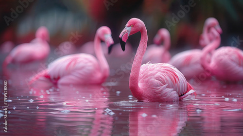 A flock of flamingos gracefully wading through the shallow waters of a tranquil lake © pengedarseni