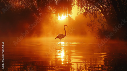 A flamingo basking in the warm glow of sunrise, its delicate silhouette framed by the golden hues of the morning sky as it starts its day with a graceful stretch. photo