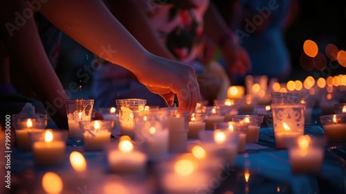 Person grief lighting candles at vigil america shooting disaster memorial service remembrance sad memory tragedy annual photo