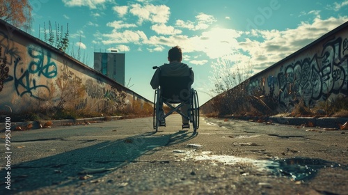 Person in wheelchair overcoming obstacles and difficulty. Handicap disability concept
