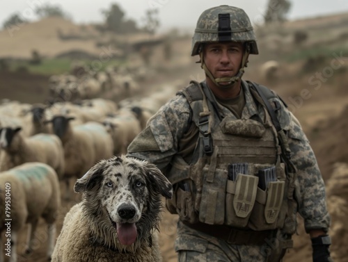 A man in a military uniform is walking with a dog in front of a herd of sheep. The scene is set in a desert, and the man and dog appear to be on a mission