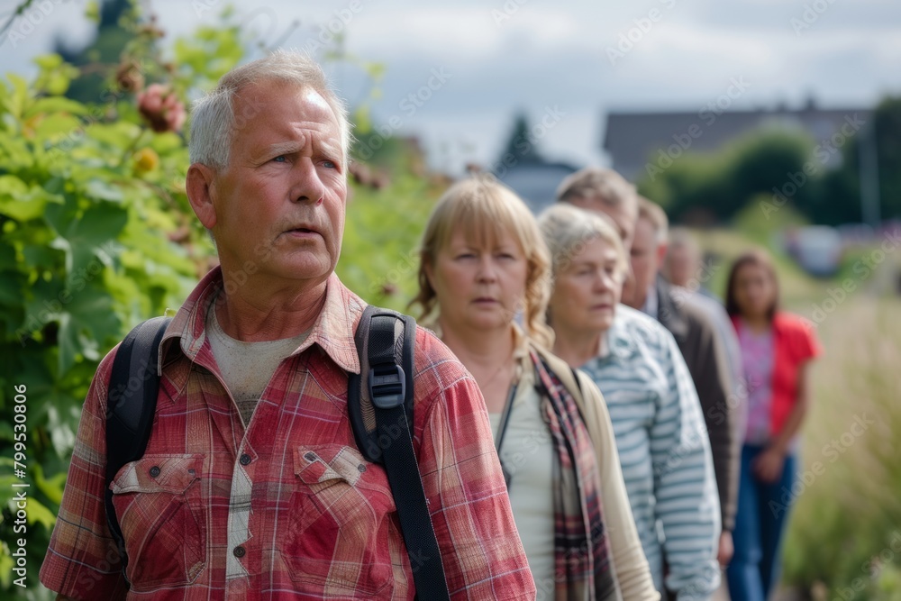 Elderly man in a red plaid shirt with a backpack standing in the vineyard