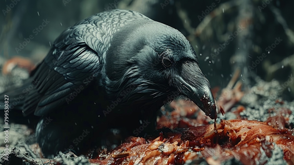 Naklejka premium A raven feasting on the carcass of a fallen deer in the heart of a dense forest