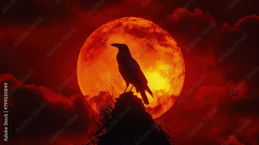 Obraz premium A raven perched atop a towering mountain peak, its majestic form silhouetted against the glow of red moon.