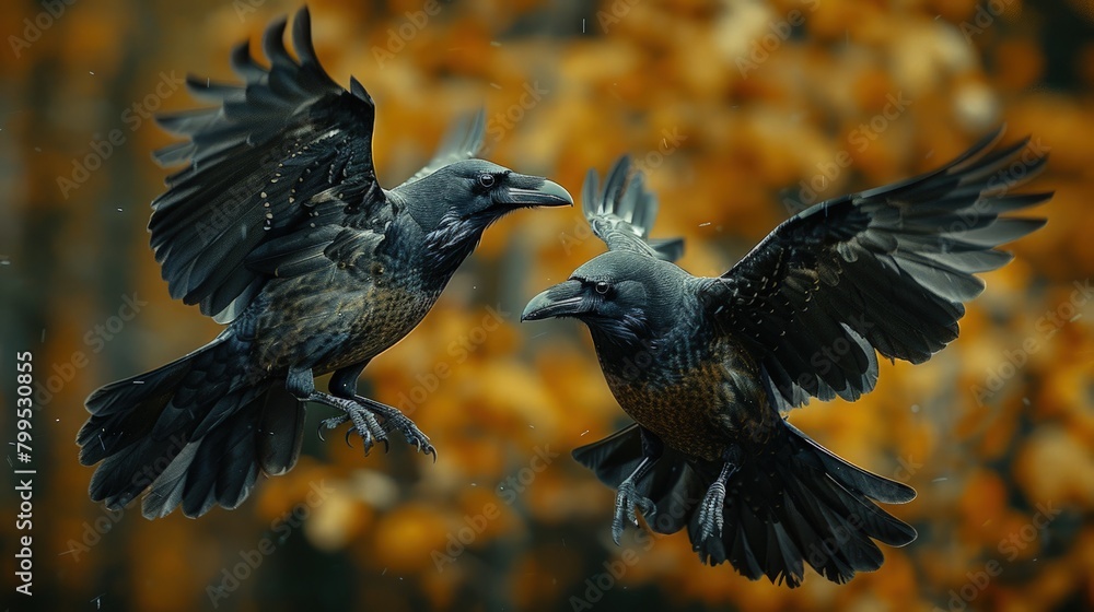 Naklejka premium A pair of ravens engaged in a playful mid-air chase, their wings outstretched as they dart through the dense forest canopy.