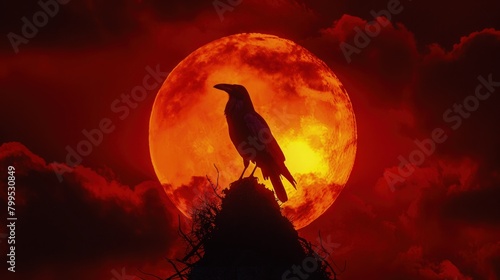 A raven perched atop a towering mountain peak, its majestic form silhouetted against the glow of red moon.