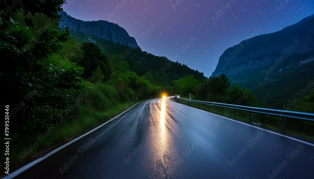 Wet asphalt at night; dark green road in the mountains