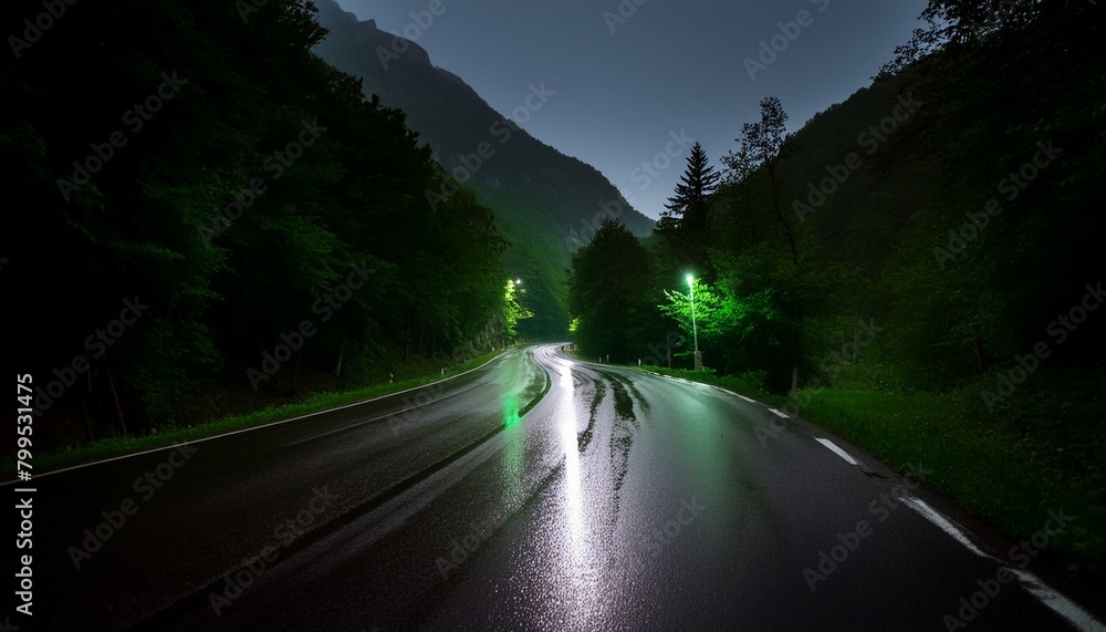 Fototapeta premium Wet asphalt at night; dark green road in the mountains
