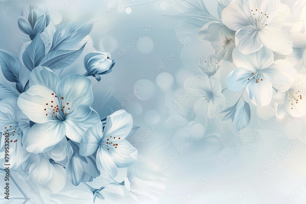 Muted Colors Blossom Illustration: Decorative Blue and White Floral Backgrounds in Soft Tones