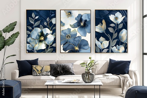 Navy Blooms: Elevating Modern Homes with Vertical Botanical Illustrations