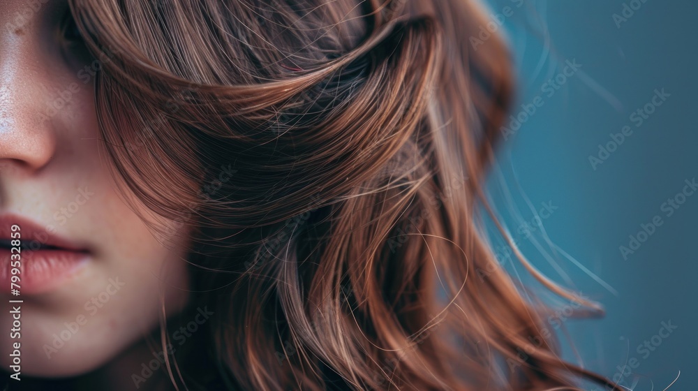 Natural brown hair on dark blue background, Natural brown hair on dark blue background,