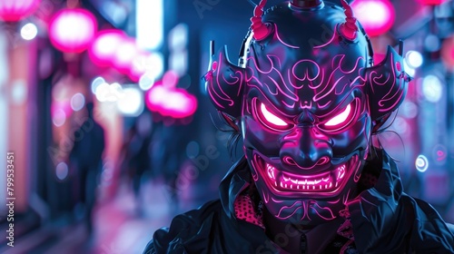 Pink Oni mask sign pose cyberpunk anime boy head design