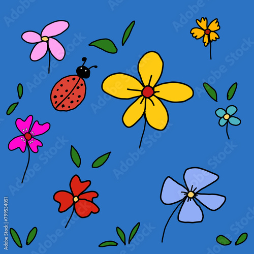 Blue background seamless pattern with floral flowers and ladybug
