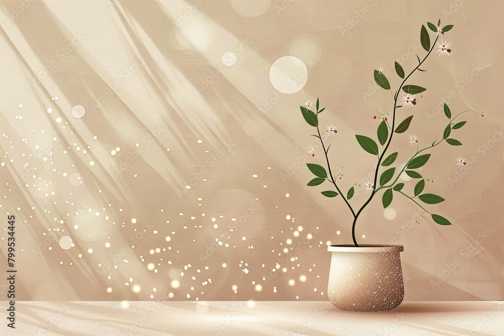 Vector Plant Pot Delight with Sparkling Tree and Floral Decor on Beige Background Vector Plant Pot Delight with Sparkling Tree and Floral Decor on Beige Background