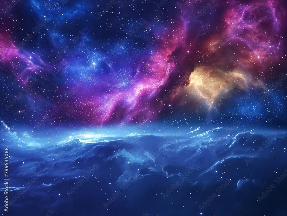 A beautiful and colorful space scene with a blue sky and purple and yellow clouds. The stars are scattered throughout the sky, creating a sense of depth and wonder