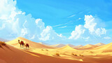 desert oasis with camels under a blue sky and white clouds