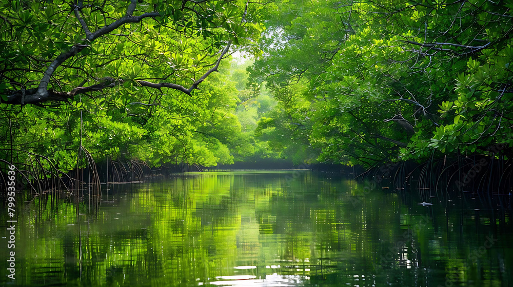 ecological balance in a serene river surrounded by lush green trees, with their reflections visible