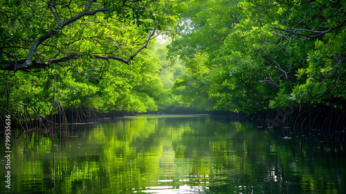 ecological balance in a serene river surrounded by lush green trees, with their reflections visible