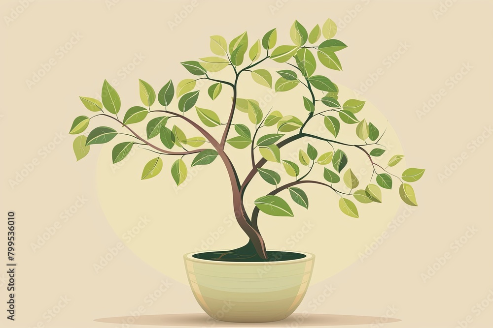 Fototapeta premium Glossy Leaves and Endearing Tree Pot Vector: Forest Arboreal Growth