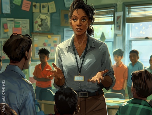 A teacher is talking to a group of children in a classroom. The teacher is wearing a name tag and a lanyard. Scene is educational and informative