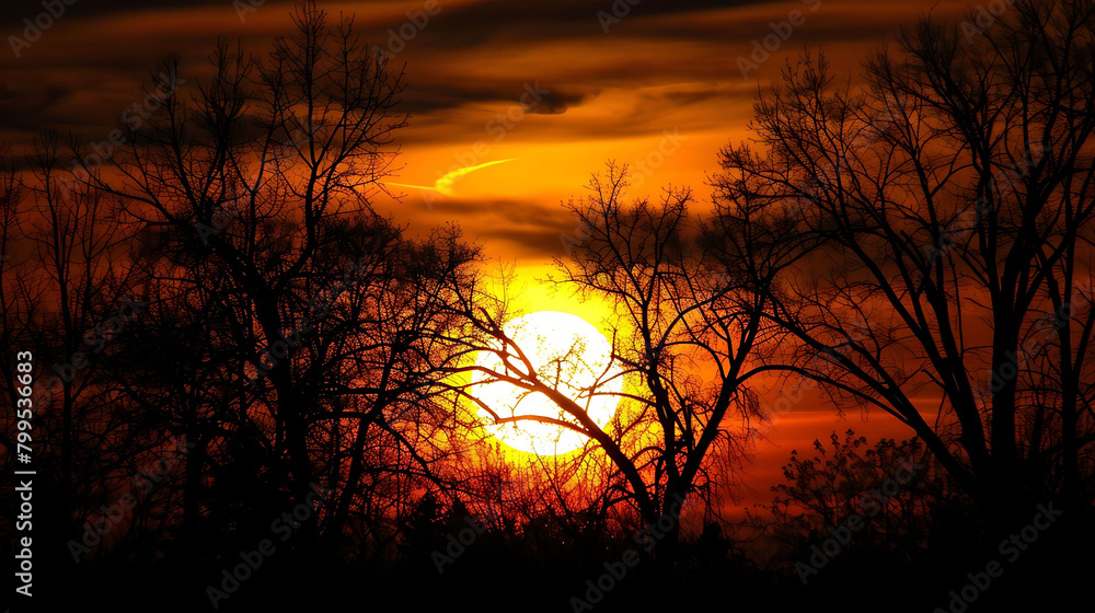 golden sunset illuminates a forest of trees, including a tall brown tree, as the sun sets in the di