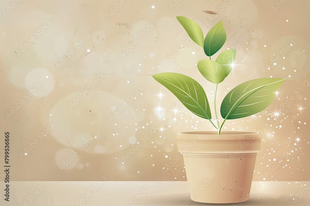 Cute Vector Plant Pot on Beige with Magical Sparkles - Floral Growth and Nature's Beauty Concept Cute Vector Plant Pot on Beige with Magical Sparkles - Floral Growth and Nature's Beauty Concept