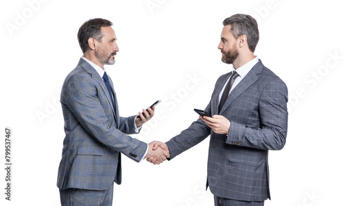 online business blogging. business men in suit use phone communication. communication online. businessmen having negotiation on phone isolated on white. business texting in online blog. good deal © be free