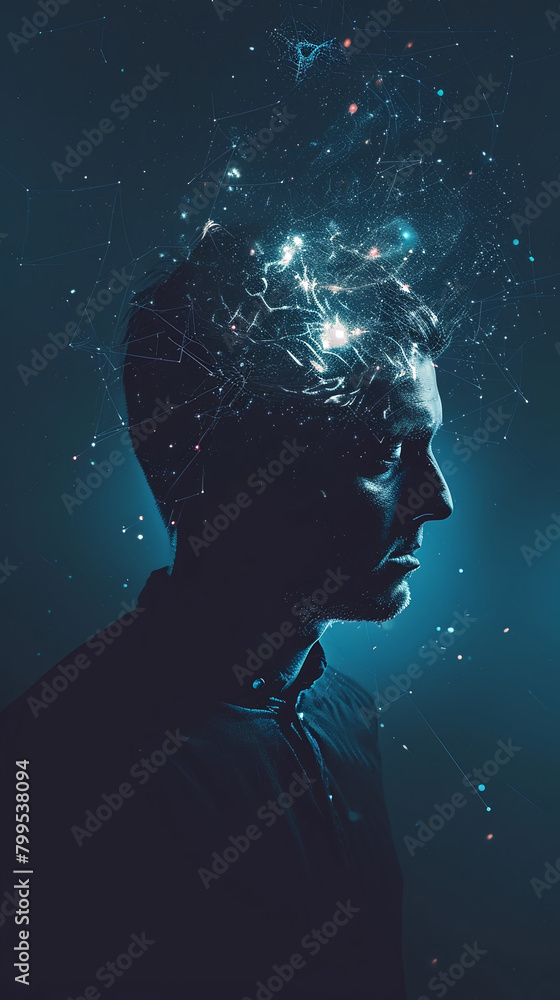 A guy with galaxy in his head, psychology concept