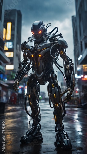 Cyborg metal robot in city street