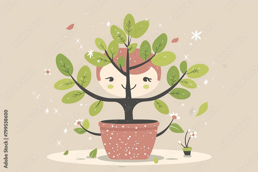 Sparkling Twinkles: Whimsical Tree Pot with Charming Character on Neutral Palette Sparkling Twinkles: Whimsical Tree Pot with Charming Character on Neutral Palette