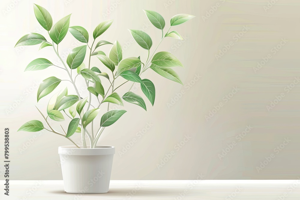 Cute White Vector Plant Pot with Shiny Leaves in Background - Tree Illustration