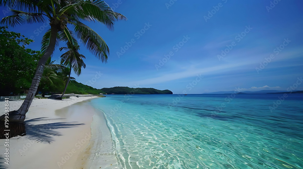 oceanic paradise a serene beach scene with clear blue skies and water, framed by a tall palm tree a oceanic paradise a serene beach scene with clear blue skies and water, framed by a tall palm tree a