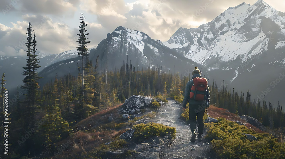 wilderness exploration in the mountains with a red backpack and tall trees wilderness exploration in the mountains with a red backpack and tall trees