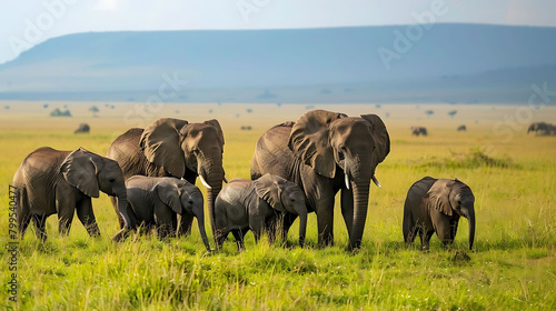 wildlife safari in the wild featuring a variety of gray and brown elephants with long trunks and wh photo