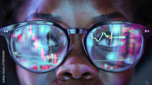 Close view of young African American female investor's eyes with vivid stock market charts reflected in the glasses. © ALLAI